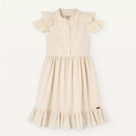 Popelin Off-White Contrasting Dress With Frills