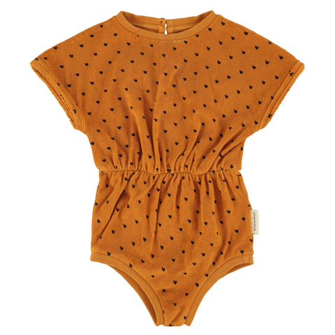 Piupiuchick Playsuit Camel W/ Black Hearts Allover