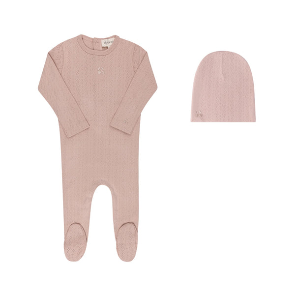 Ely’s & Co Organic Embroidered Cherry Pointelle Collection- Pink - Footie + Beanie