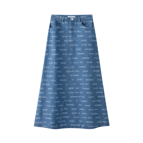 Coco Blanc Blue Printed Denim Skirt Midi