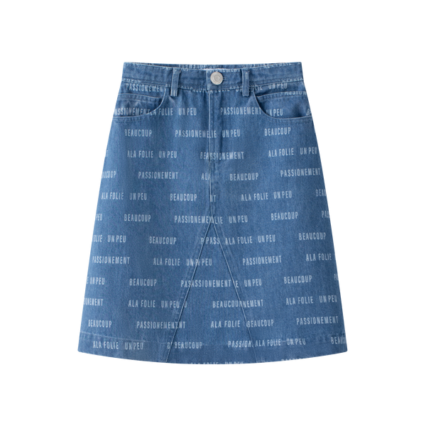 Coco Blanc Printed Blue Denim Skirt