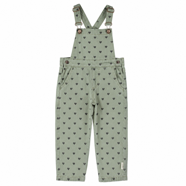 Piupiuchick Dungarees | Green W/ Black Hearts