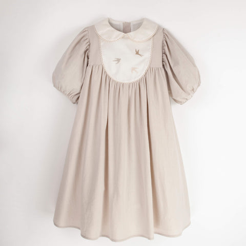 Popelin Sand Embroidered Dress With Yoke