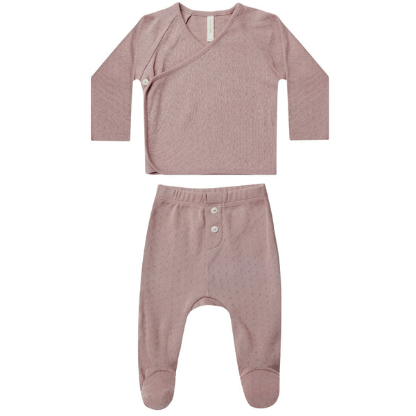 Quincy Mae Pointelle Wrap Top + Footed Pant Set | Lilac