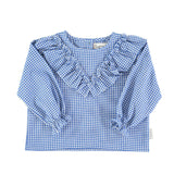 Piupiuchick Blouse w/ v-neck ruffles on chest | Blue little checkered