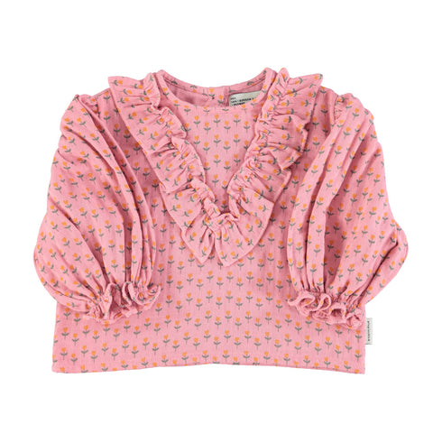 Piupiuchick Blouse w/ v-neck ruffles on chest | Pink w/ little flowers
