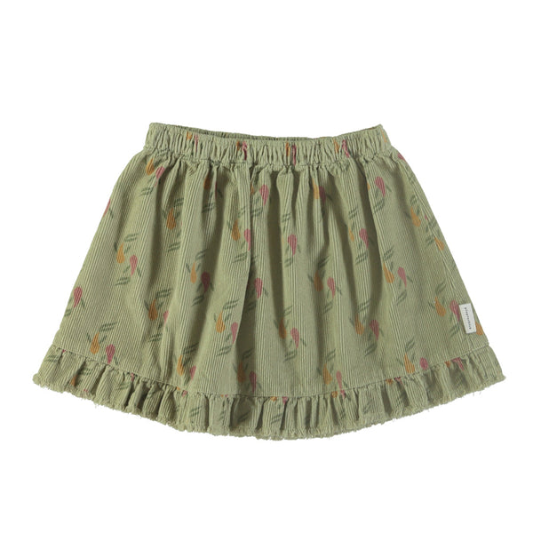 Piupiuchick Knee lenght skirt w/ ruffles | Sage green w/ multicolor fishes