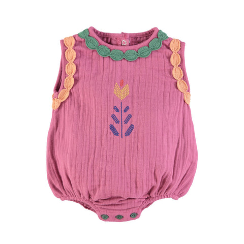 Piupiuchick Sleeveless baby romper | Rasperry w/ multicolor laces & embroidery