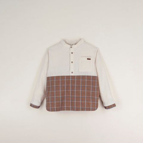 Popelin Terracotta plaid shirt in contrasting fabrics with Mandarin collar