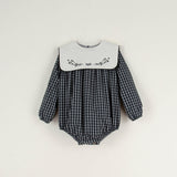Popelin Black plaid embroidered romper suit with yoke in organic fabric
