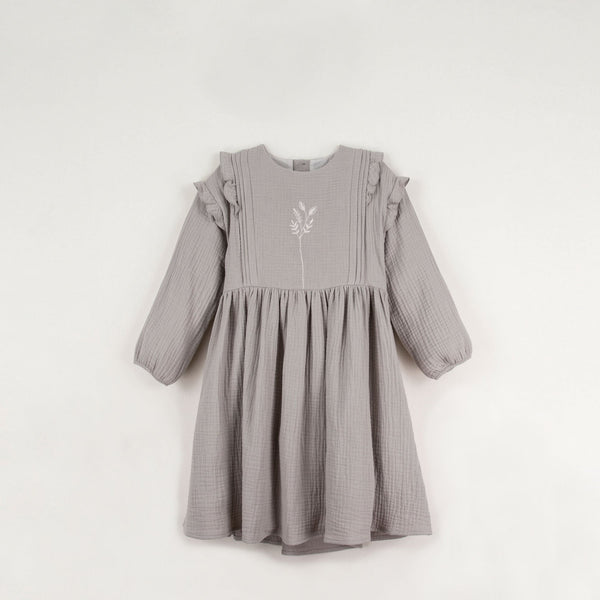Popelin Taupe embroidered dress with pintucks