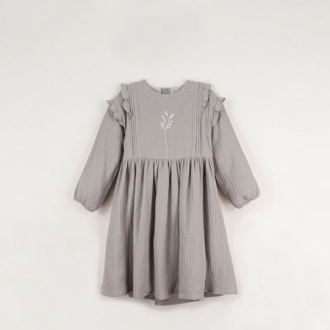 Popelin Taupe embroidered dress with pintucks