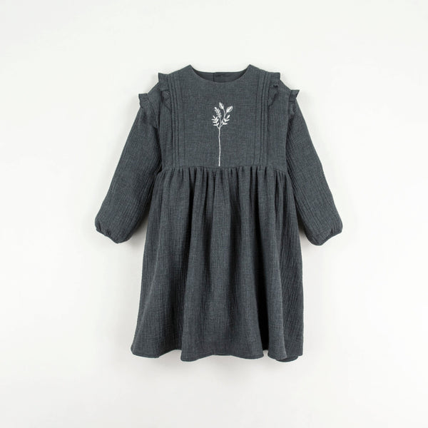 Popelin Dark grey embroidered dress with pintucks