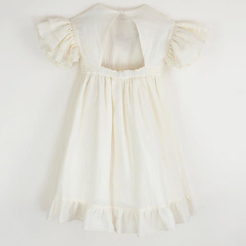 Popelin Off-White Organic Dress With Embroidered Yoke And Applique