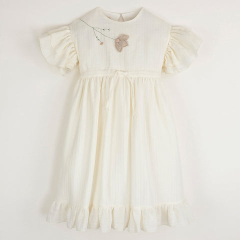 Popelin Off-White Organic Dress With Embroidered Yoke And Applique