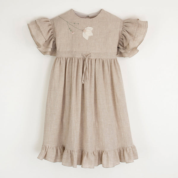 Popelin Sand Organic Dress With Embroidered Yoke And Applique
