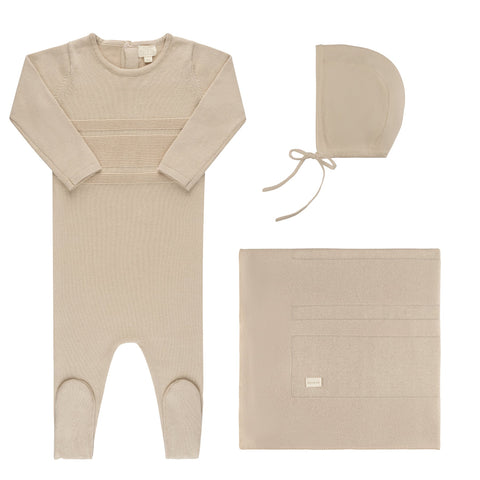 Ely’s & Co Raised Knit - Beige - 3 Pc Giftbox with Bonnet